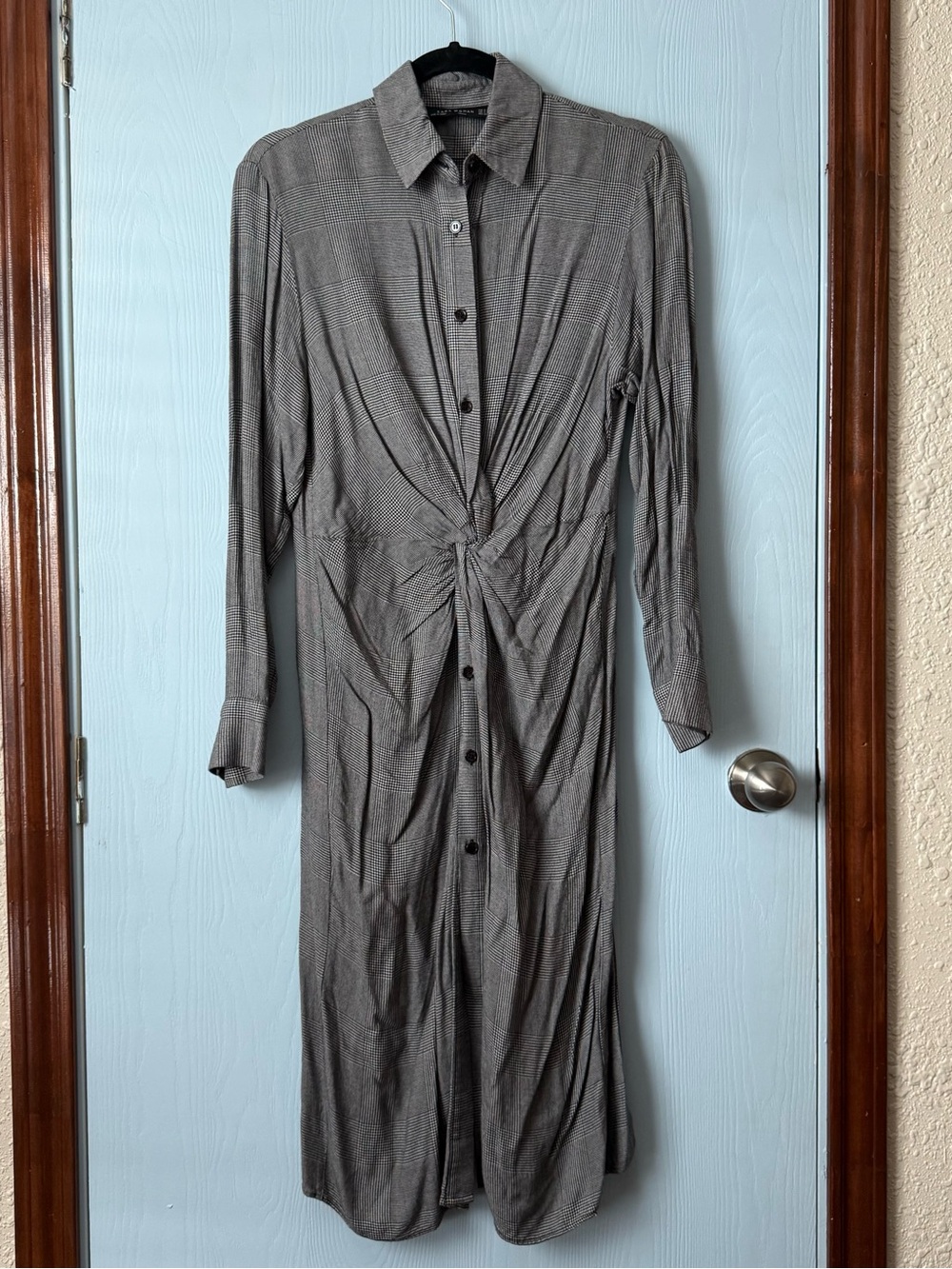 Zara Long-Sleeve Knot-Front Button Midi Dress